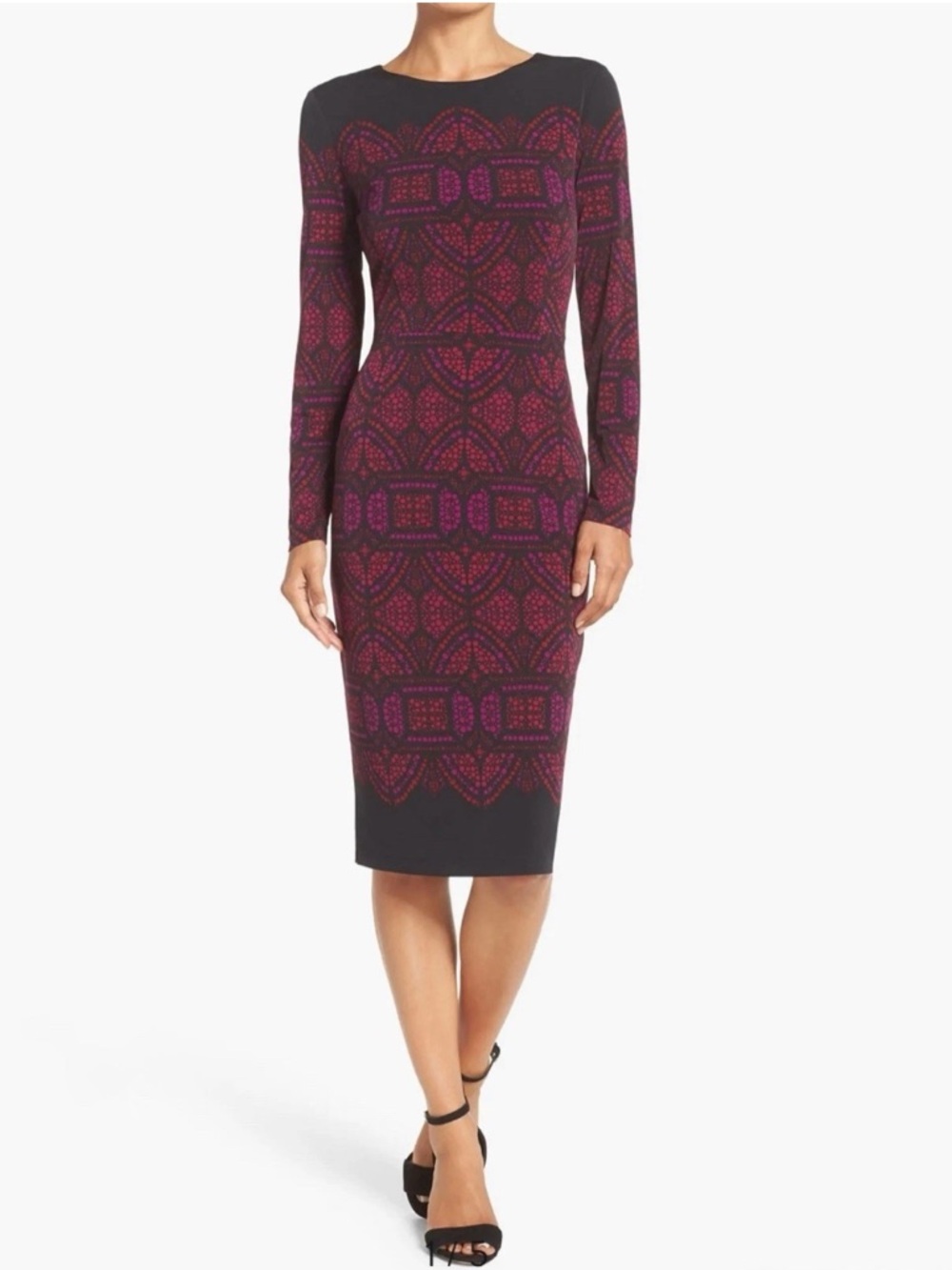 Maggy London Print Jersey Sheath Dress Midi Long Sleeve Size 12 NWT